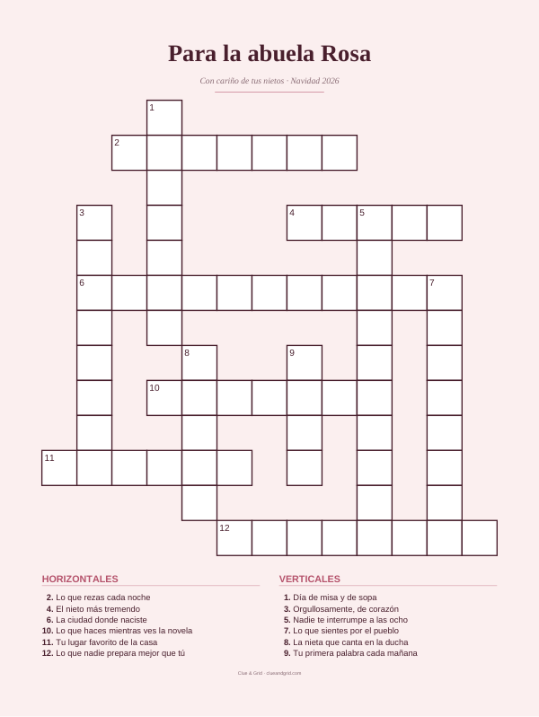 Spanish crossword poster for a grandmother, blush theme