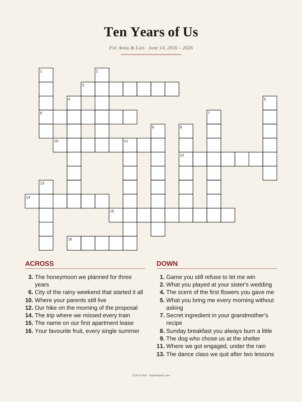 Anniversary crossword poster sample, ink theme